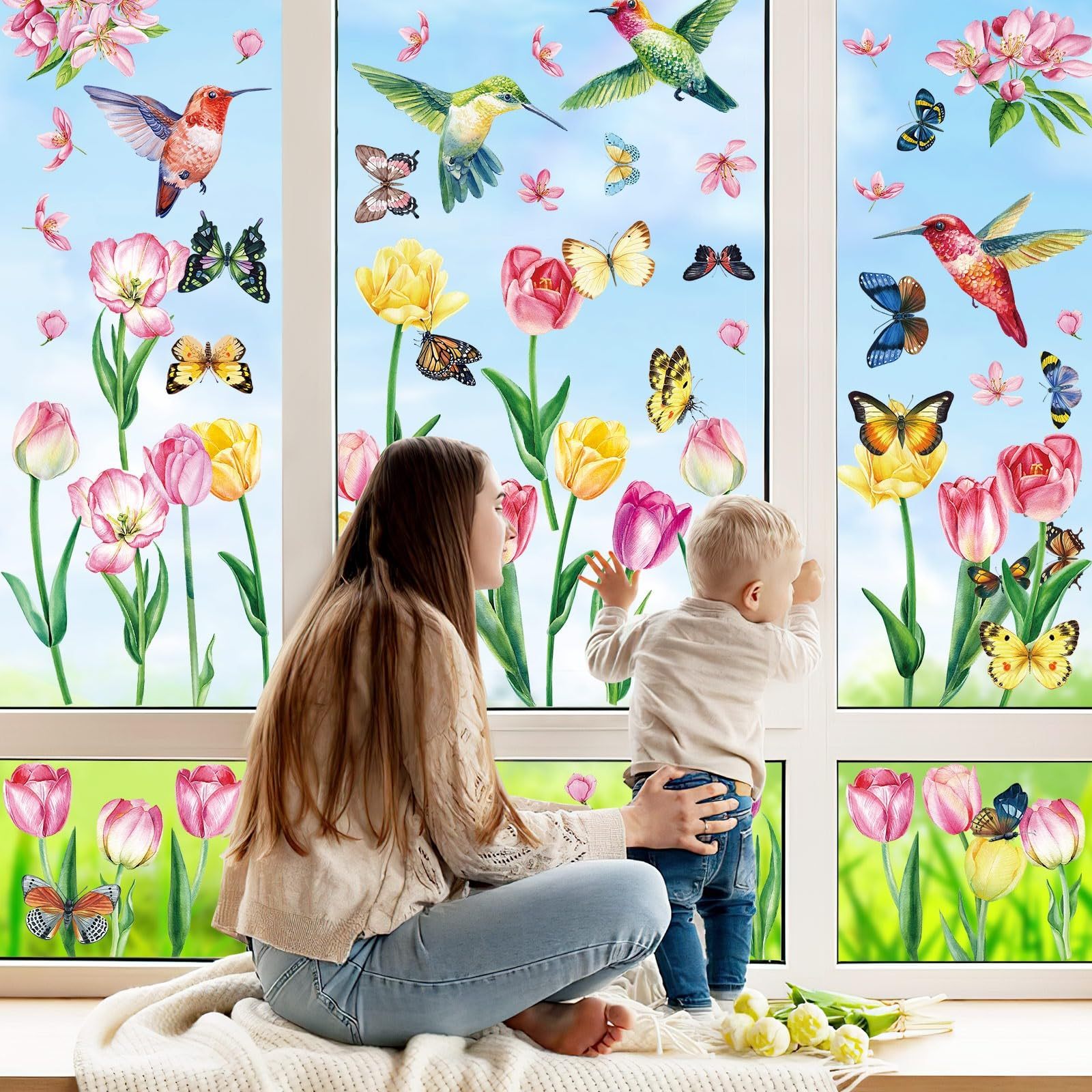 2927cf18-18ef-48b2-b651-b036778c32ad.jpg Window Stickers Spring Self-Adhesive 9 Sheets Spring Flowers Butterfly Window Stickers Double Sided Window Stickers Spring Hummingbird Window Stickers For Window Decoration Spring,415-10032-KG - Image 6