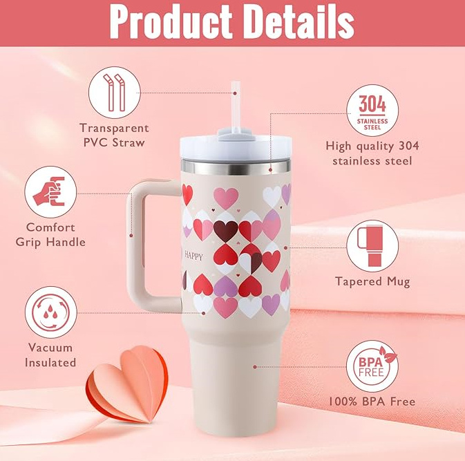 f8b278dd-cdf6-471d-bc50-824f71da6803.jpg 40 Oz Tumbler With Handle Straw Insulated, Stainless Steel Spill Proof Vacuum Coffee Cup Tumbler With Lid Tapered Mug Gifts For Valentine Lover Suitable For Car Gym Office Travel - Image 4